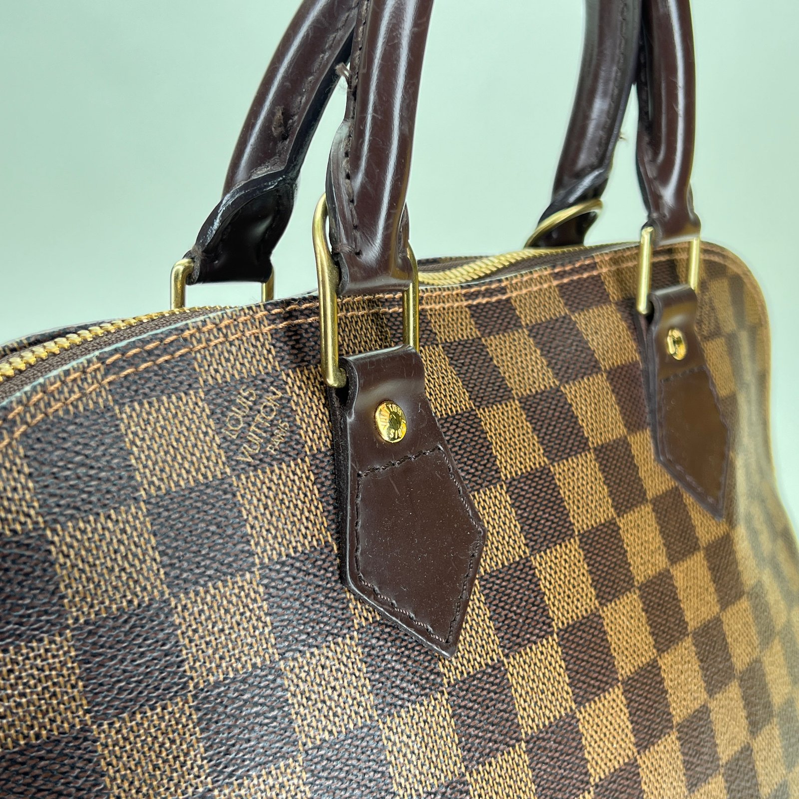 Alma MM Brown Top Handle Bag in Coated Canvas, Gold hardware - Image 6