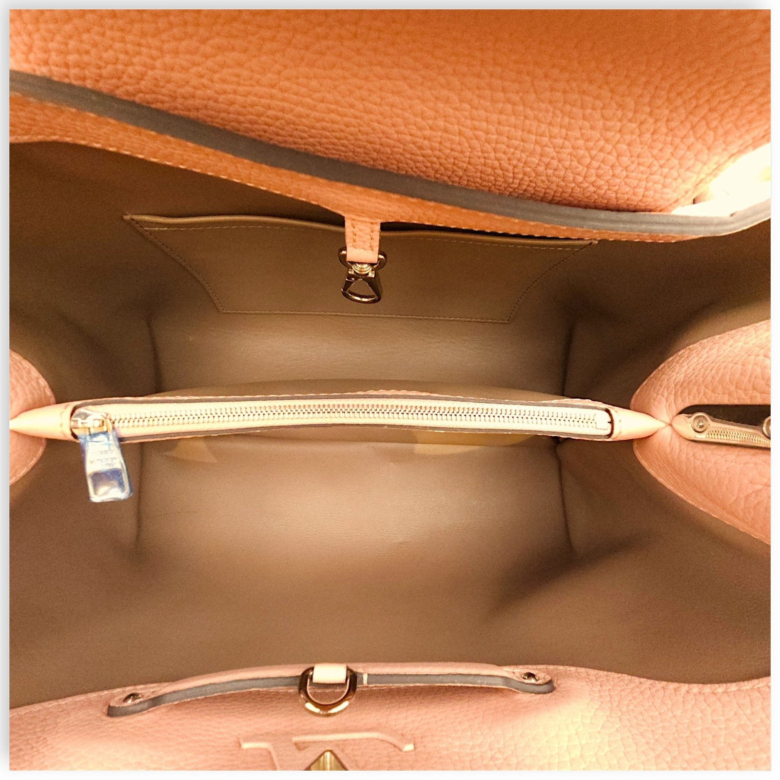 Capucines MM Magnolia / Beige/ Brown Python Handle Top Handle Bag in Taurillon Leather, Palladium hardware - Image 6