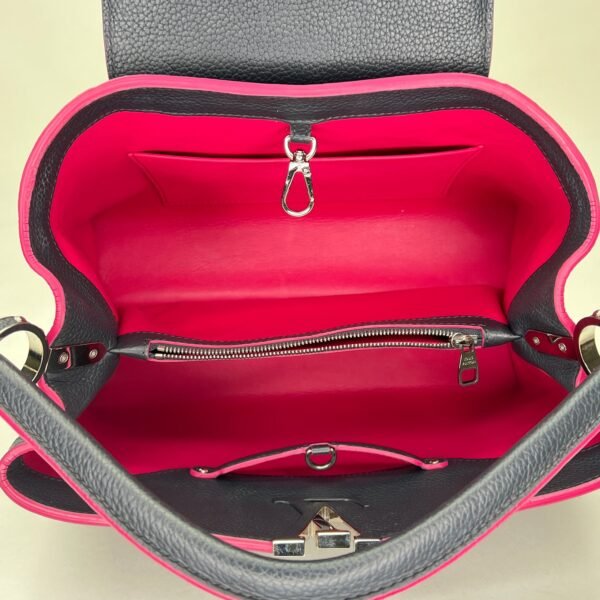 Capucines MM Navy Top Handle Bag in Clemence Taurillon Leather, Silver hardware - Image 11