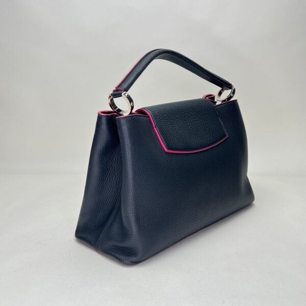 Capucines MM Navy Top Handle Bag in Clemence Taurillon Leather, Silver hardware - Image 4