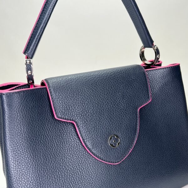 Capucines MM Navy Top Handle Bag in Clemence Taurillon Leather, Silver hardware - Image 6