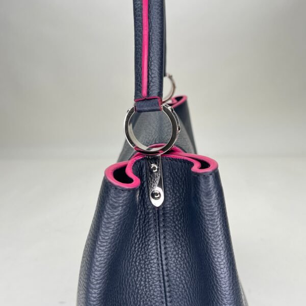 Capucines MM Navy Top Handle Bag in Clemence Taurillon Leather, Silver hardware - Image 8