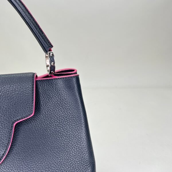 Capucines MM Navy Top Handle Bag in Clemence Taurillon Leather, Silver hardware - Image 9
