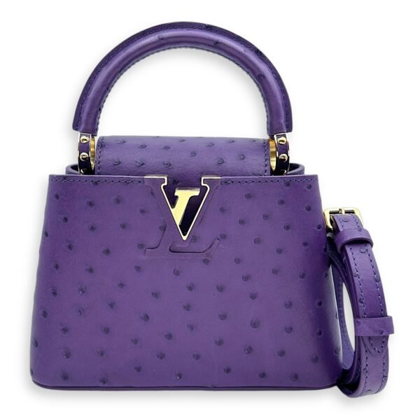 Capucines Mini Amethyste Crossbody Bag in Ostrich, Gold hardware - Image 7