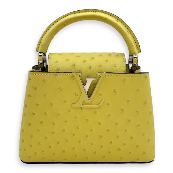 Capucines Mini Jaune Crossbody Bag in Ostrich, Silver hardware