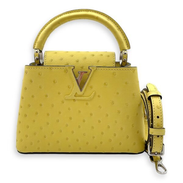 Capucines Mini Jaune Crossbody Bag in Ostrich, Silver hardware - Image 3