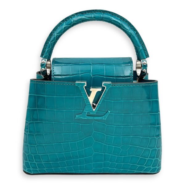 Capucines Mini Turquoise Crossbody Bag in Crocodilien Brillant, Silver hardware