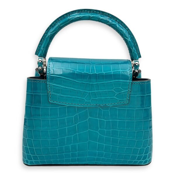 Capucines Mini Turquoise Crossbody Bag in Crocodilien Brillant, Silver hardware - Image 2