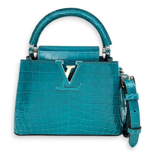 Capucines Mini Turquoise Crossbody Bag in Crocodilien Brillant, Silver hardware - Image 7