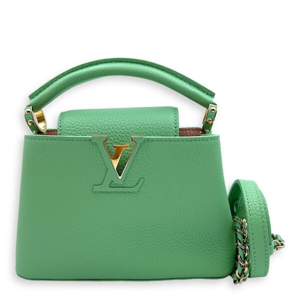 Capucines Mini Vert Pomme Crossbody Bag in Taurillon Leather, Gold hardware - Image 7