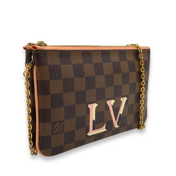 Double Pochette Messenger Crossbody Bag Brown in Coated Canvas, Gold hardware - Image 3