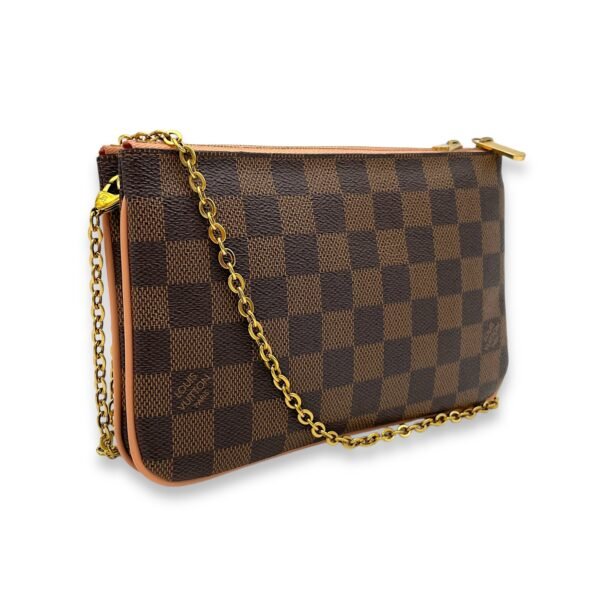 Double Pochette Messenger Crossbody Bag Brown in Coated Canvas, Gold hardware - Image 4