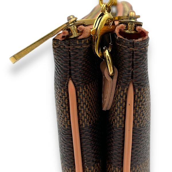 Double Pochette Messenger Crossbody Bag Brown in Coated Canvas, Gold hardware - Image 8