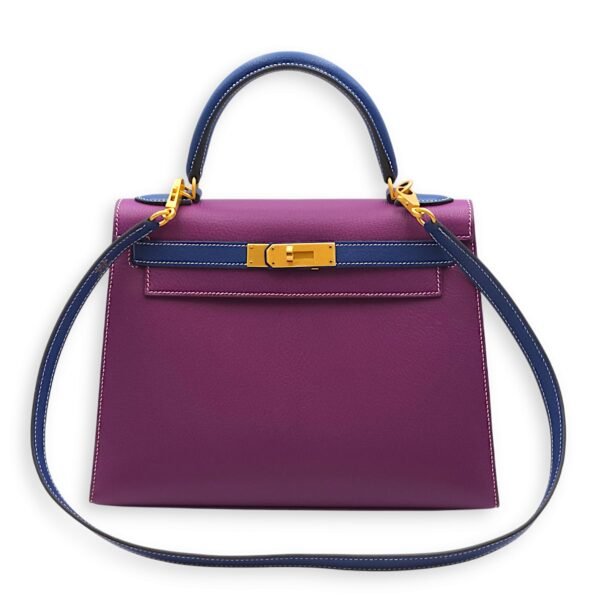 HSS Sellier Kelly 28 Anemone/Blue Sapphire in Chevre Mysore, Brushed Gold hardware - Image 7