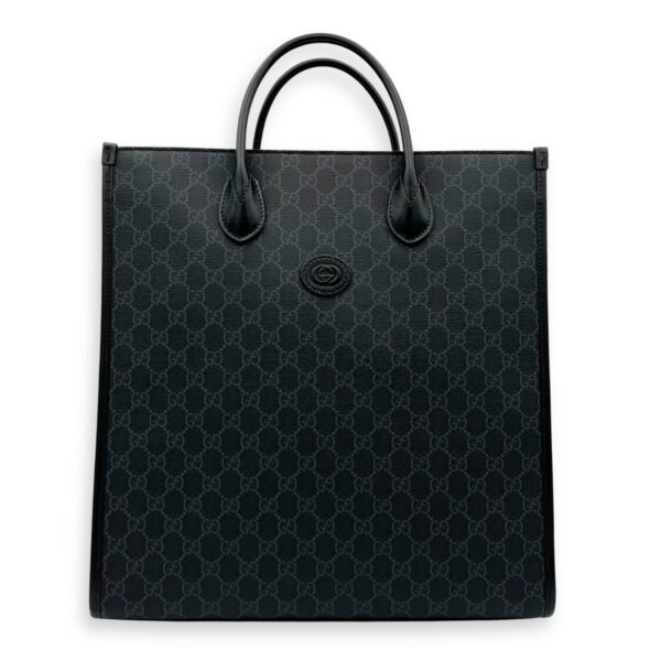 Interlocking G Black Tote Bag in Coated Canvas, Silver hardware