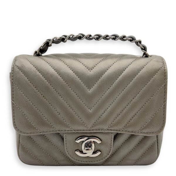 Chevron Square Mini Grey Crossbody Bag in Canvas, Silver hardware