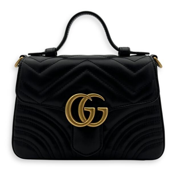 GG Marmont Mini Black Top Handle Bag in Calfskin, Gold hardware