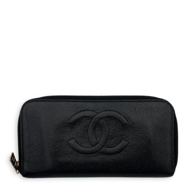 CC Zipped Black Wallet in Caviar Leather, Gold hardware