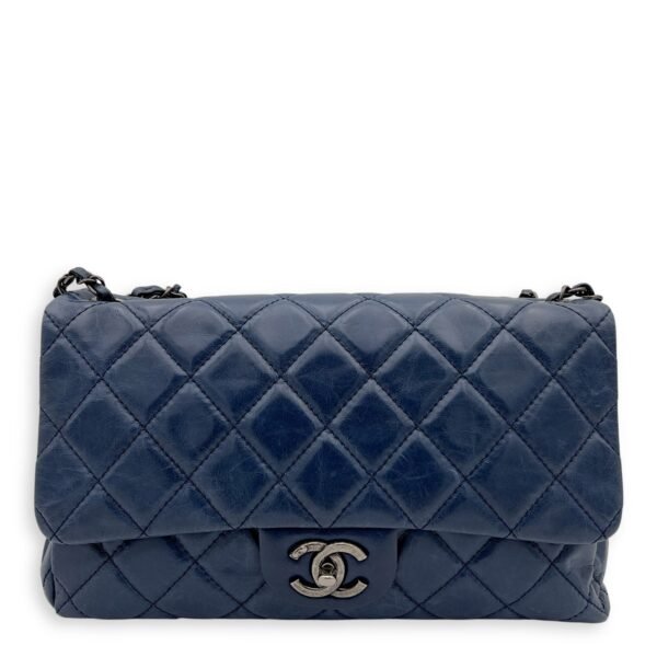 Flap Blue Shoulder Bag in Calfskin, Ruthenium hardware