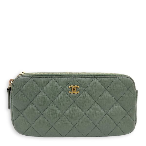 Double Zipped Green Crossbody Bag in Caviar Leather, Gold hardware