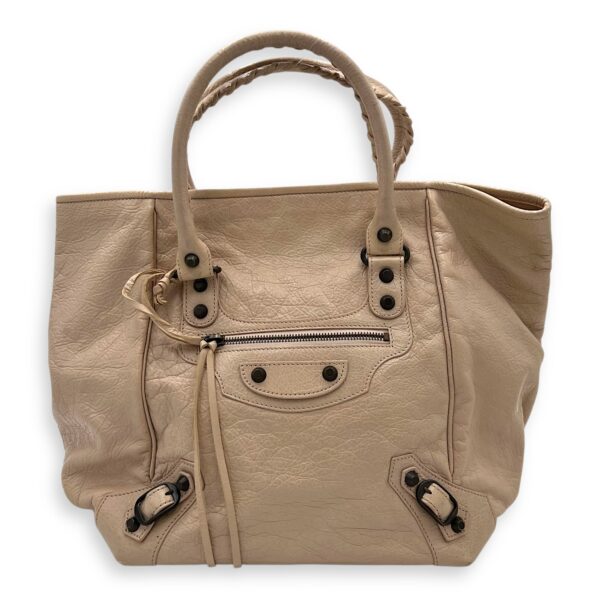 Sunday Beige Top Handle Bag in Goat Leather, Ruthenium-finish Brass hardware