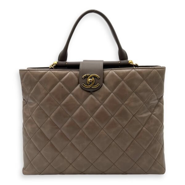 Gold Bar Beige Top Handle Bag in Calfskin, Gold hardware