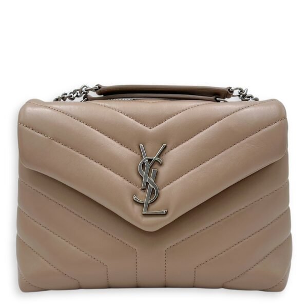 Loulou Small Beige Shoulder Bag in Calfskin, Silver hardware