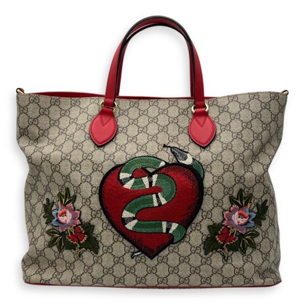 GG Supreme Snake Heart Grey Tote Bag in Coated Canvas, Silver hardware