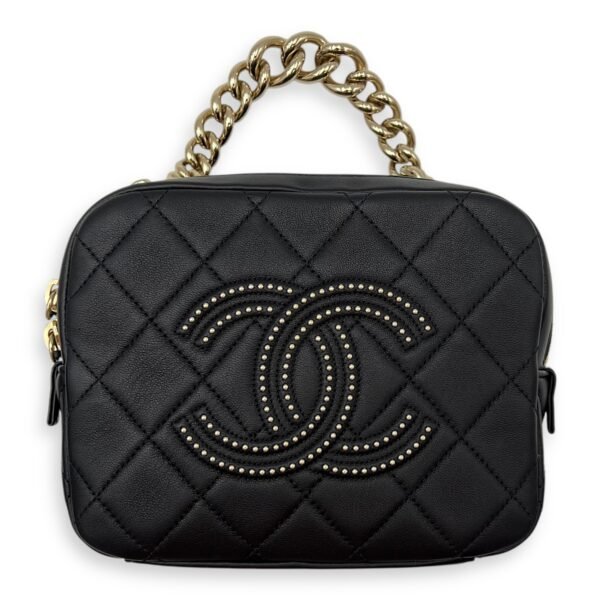 CC Camera Studded Black Shoulder Bag in Lambskin, Gold hardware
