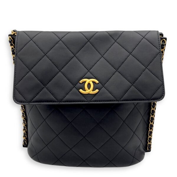 CC Chain Side Black Shoulder Bag in Calfskin, Gold hardware