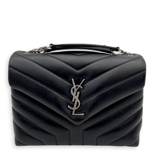 Loulou Small Black Shoulder Bag in Calfskin, Silver hardware