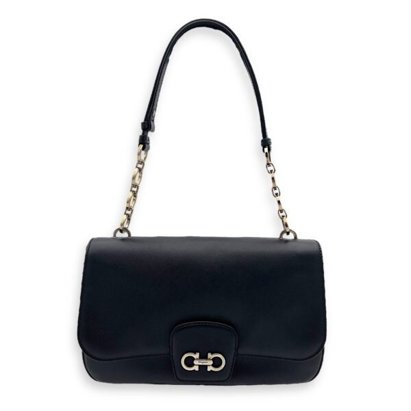 Gancini Shoulder Bag Black in Calfskin, Silver hardware