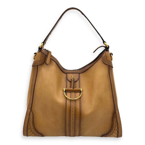 Duilio Brogue Shoulder Bag Brown in Calfskin, Gold hardware