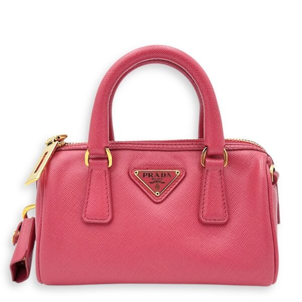 Convertible Bowler Boston Mini Pink Top Handle Bag in Saffiano Leather, Gold hardware
