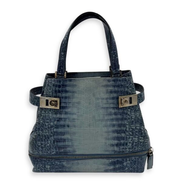 Gancini Top Handle Bag Blue in Python Embossed Calfskin, Silver hardware