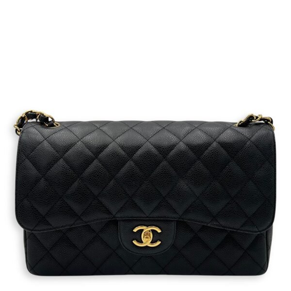 Classic Double Flap Jumbo Black Shoulder Bag in Caviar Leather, Gold hardware