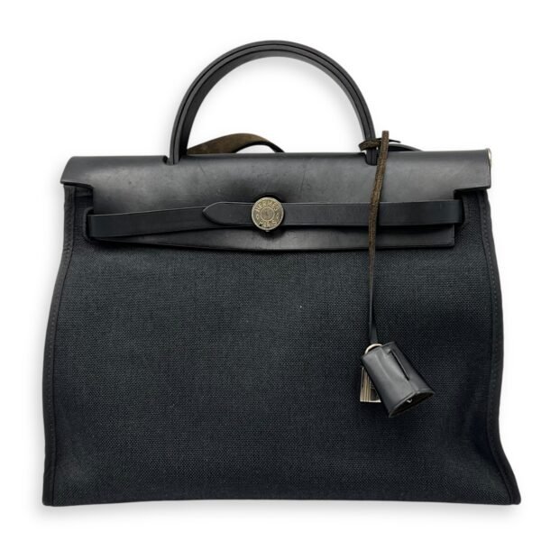 Herbag 31 Black Top Handle Bag in Canvas, Silver hardware