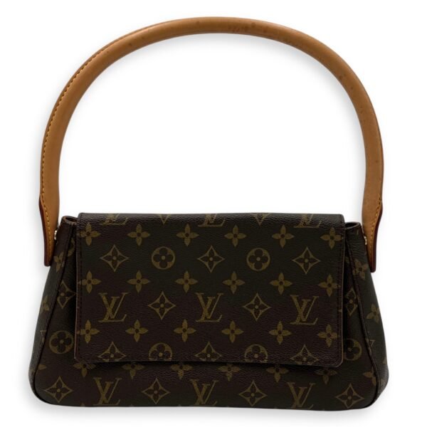 Looping Mini Brown Shoulder Bag in Monogram Coated Canvas, Gold hardware