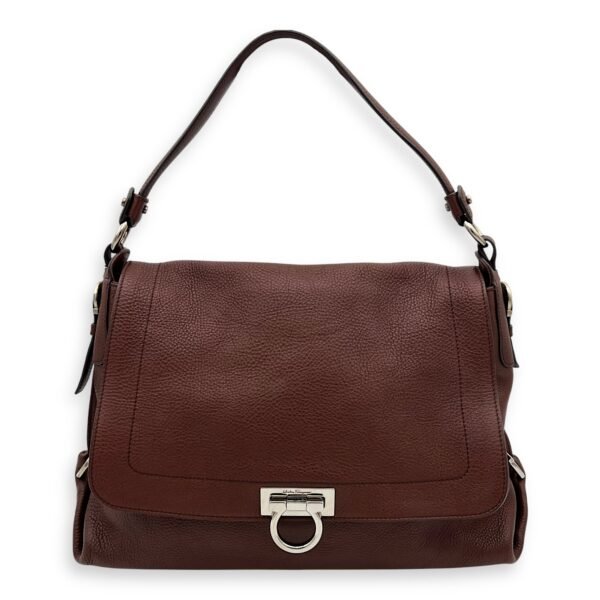 Gancini Shoulder Bag Brown in Calfskin, Silver hardware
