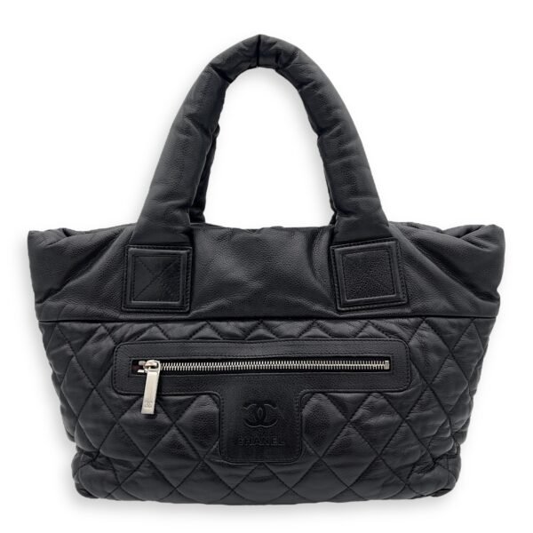Cocoon Black Tote Bag in Caviar Leather, Silver hardware