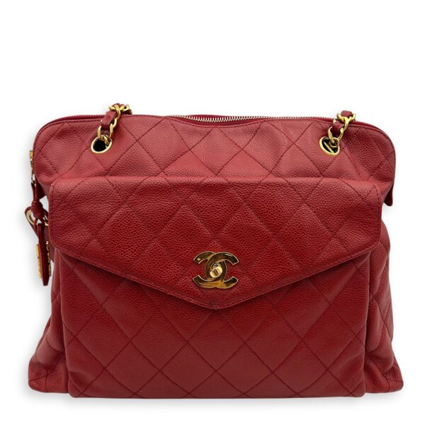 CC Turnlock Shoulder Bag Red in Caviar Leather, Gold hardware