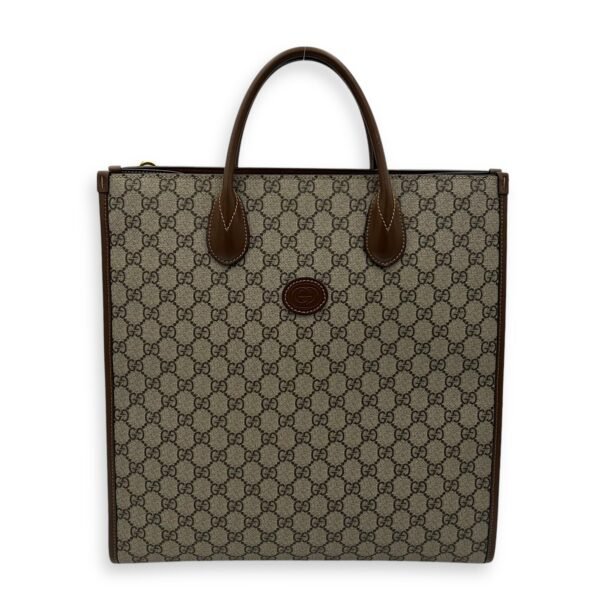 Interlocking G Brown Top Handle Bag in Coated Canvas, Gold hardware