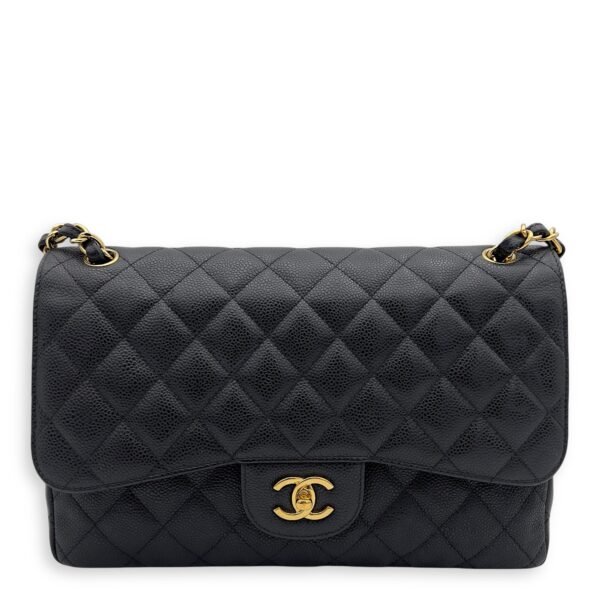 Classic Shoulder Bag Jumbo Black in Caviar Leather , Gold Hardware