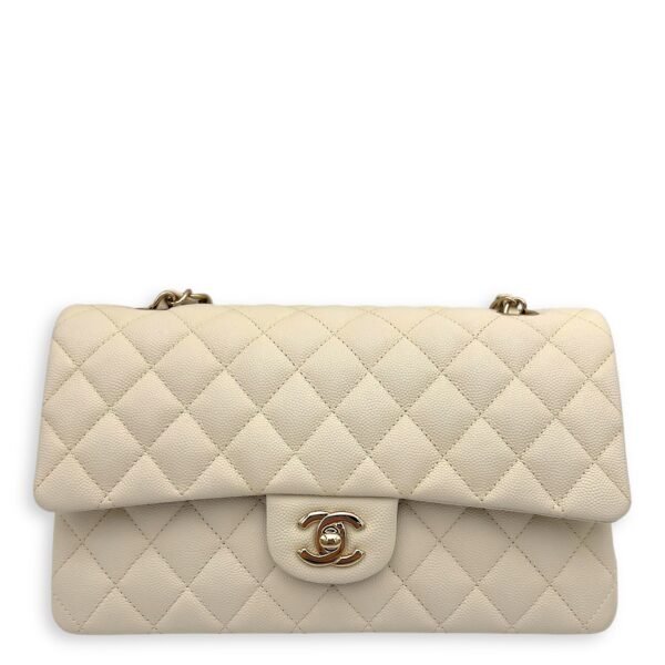 Classic Shoulder Bag White in Caviar Leather, Light Gold hardware