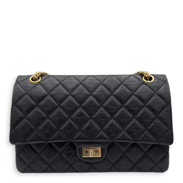 2.55 Medium Black Shoulder Bag in Calfskin, Gold hardware