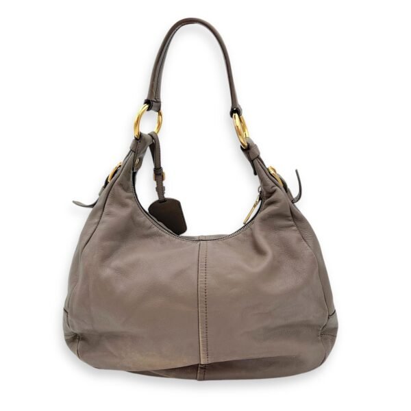 Logo Shoulder Bag Grey in Calfskin, Gold hardware - Image 2