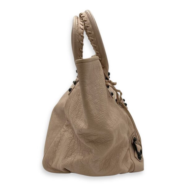 Sunday Beige Top Handle Bag in Goat Leather, Ruthenium-finish Brass hardware - Image 3