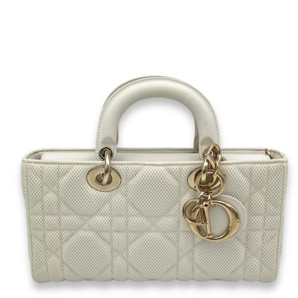 Lady D-Joy Maxi White Top Handle Bag in Mesh, Light Gold hardware