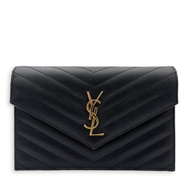 Envelope Wallet On Chain Blue in Calfskin, Gold hardware