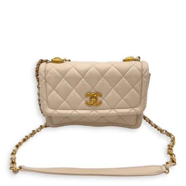 Button On Top Crossbody Bag White in Lambskin, Gold hardware - Image 7